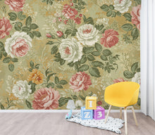 Load image into Gallery viewer, Vintage Floral Wallpaper, Romantic Antique Flower Mural, Dusty Rose Sage Green Cream Decor, French Country Chateaucore