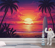 Load image into Gallery viewer, Retro Tropical Sunset Beach Wallpaper, 80s Synthwave Ocean Peel and stick, Palm Tree Wall Mural, Vibrant Neon Coastal Decor, Surfboard 392DE