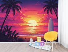 Load image into Gallery viewer, Retro Tropical Sunset Beach Wallpaper, 80s Synthwave Ocean Peel and stick, Palm Tree Wall Mural, Vibrant Neon Coastal Decor, Surfboard 392DE
