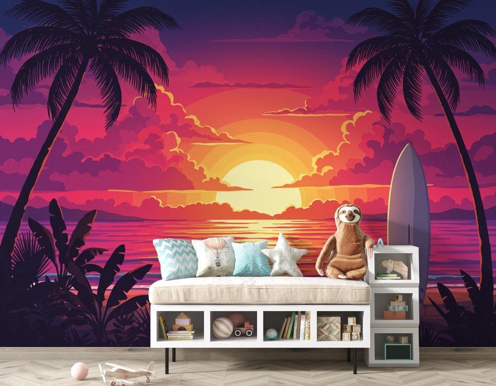 Retro Tropical Sunset Beach Wallpaper, 80s Synthwave Ocean Peel and stick, Palm Tree Wall Mural, Vibrant Neon Coastal Decor, Surfboard 392DE