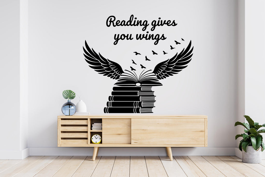 Books Gives You wings Wall Decal, Reading Room Decor, Library Art, Inspirational Quote Sticker