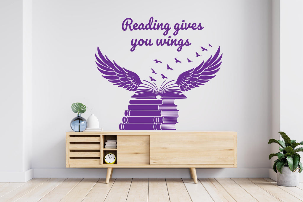 Books Gives You wings Wall Decal, Reading Room Decor, Library Art, Inspirational Quote Sticker