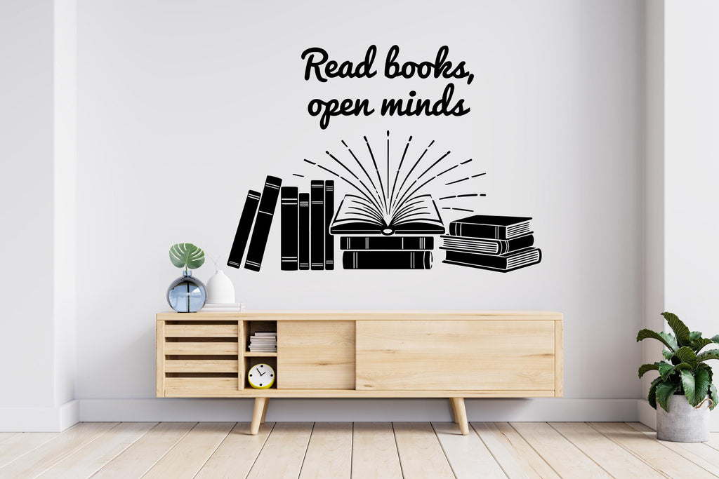 Read Books Open Minds Books Wall Decal, Reading Room Decor, Library Art, Inspirational Quote Sticker