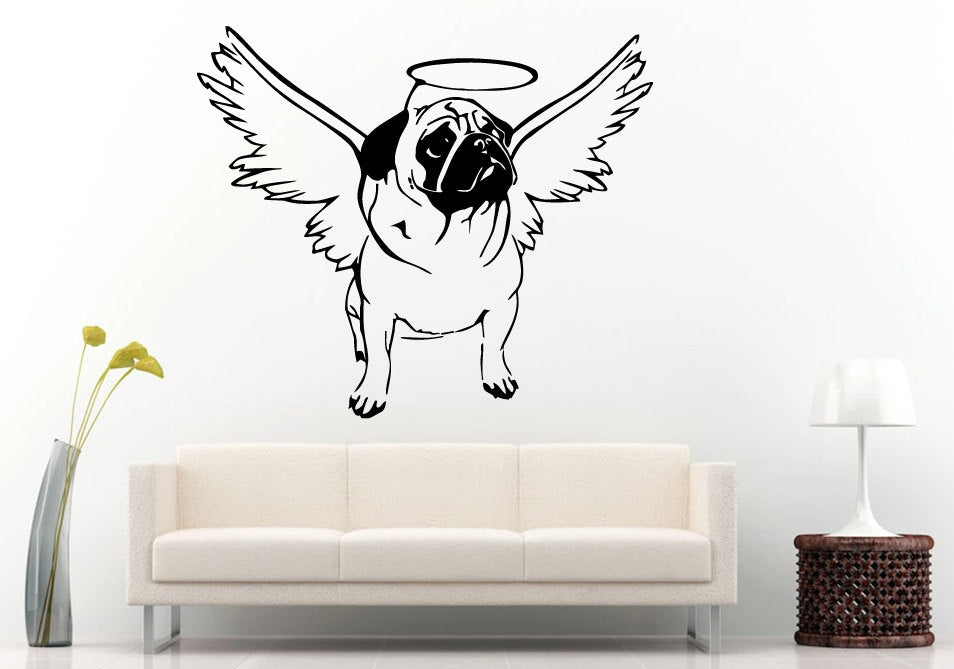 All Pug Dogs Go To Haven Cute Face Angel Wings Animal Breed Wall Decal Vinyl Sticker Mural Room Decor L595