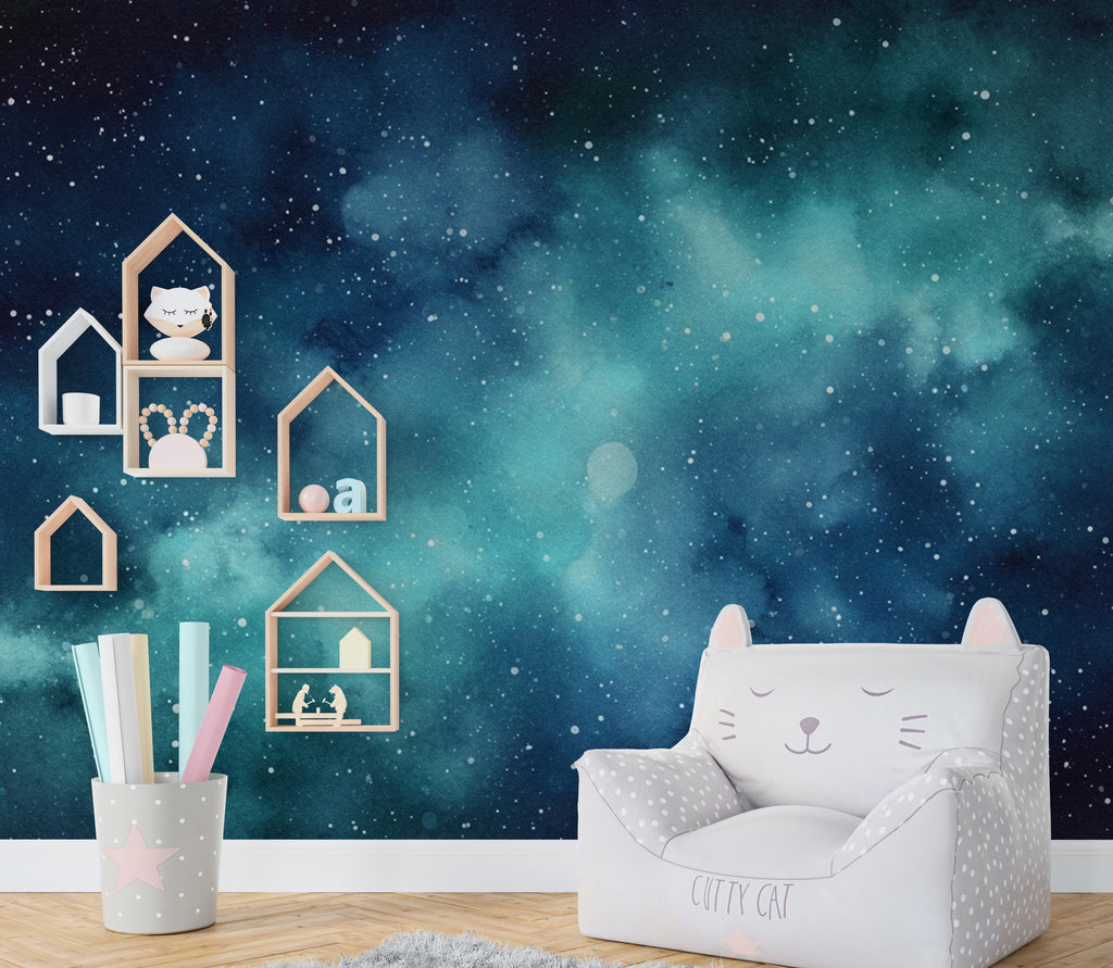 Dreamy Watercolor Galaxy Wallpaper, Navy Blue Teal Nebula Wall Art, Cosmic Night Sky Mural, Celestial Space Decor