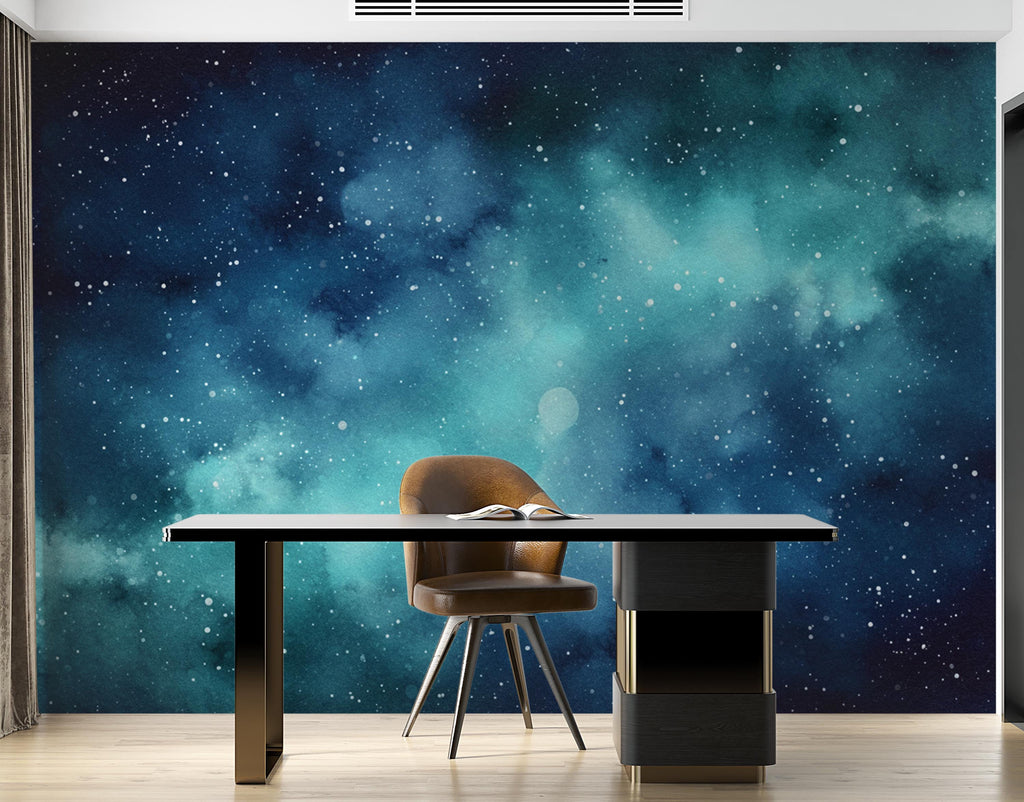 Dreamy Watercolor Galaxy Wallpaper, Navy Blue Teal Nebula Wall Art, Cosmic Night Sky Mural, Celestial Space Decor