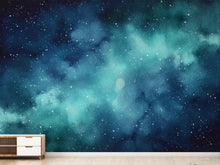 Load image into Gallery viewer, Dreamy Watercolor Galaxy Wallpaper, Navy Blue Teal Nebula Wall Art, Cosmic Night Sky Mural, Celestial Space Decor