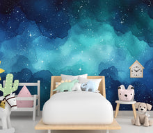 Load image into Gallery viewer, Dreamy Watercolor Galaxy Wallpaper, Navy Blue Teal Nebula Wall Art, Cosmic Night Sky Mural, Celestial Space Decor