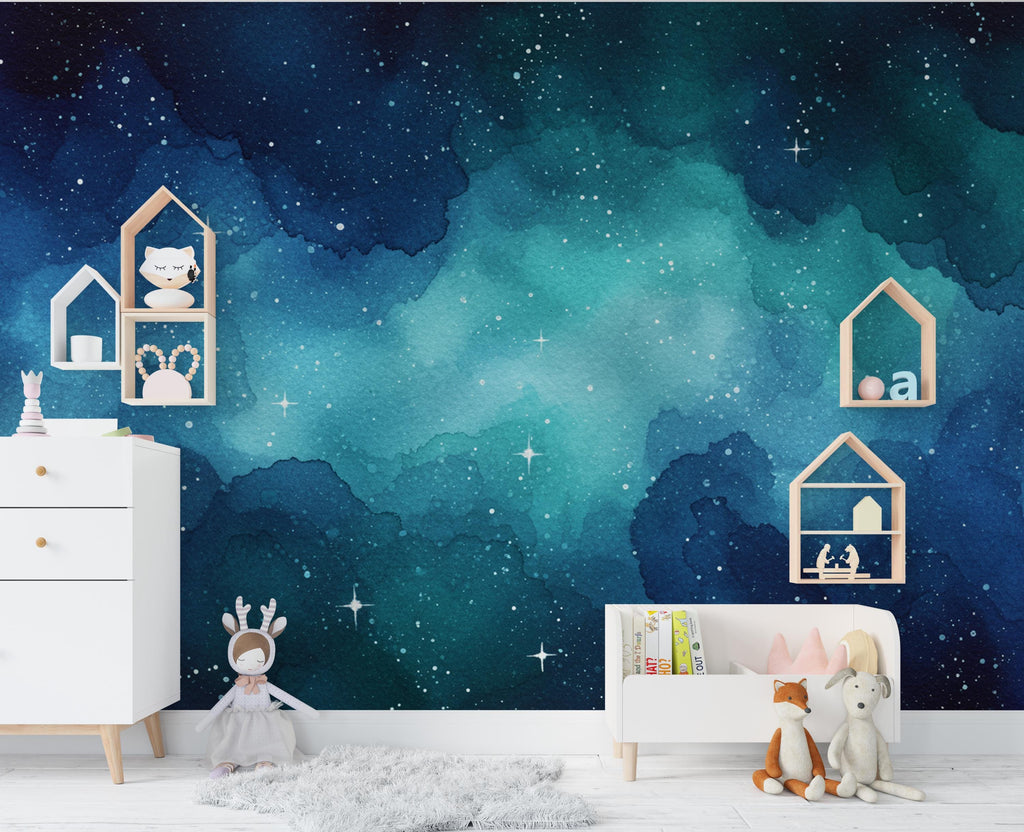 Dreamy Watercolor Galaxy Wallpaper, Navy Blue Teal Nebula Wall Art, Cosmic Night Sky Mural, Celestial Space Decor