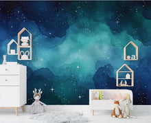 Load image into Gallery viewer, Dreamy Watercolor Galaxy Wallpaper, Navy Blue Teal Nebula Wall Art, Cosmic Night Sky Mural, Celestial Space Decor
