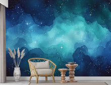 Load image into Gallery viewer, Dreamy Watercolor Galaxy Wallpaper, Navy Blue Teal Nebula Wall Art, Cosmic Night Sky Mural, Celestial Space Decor