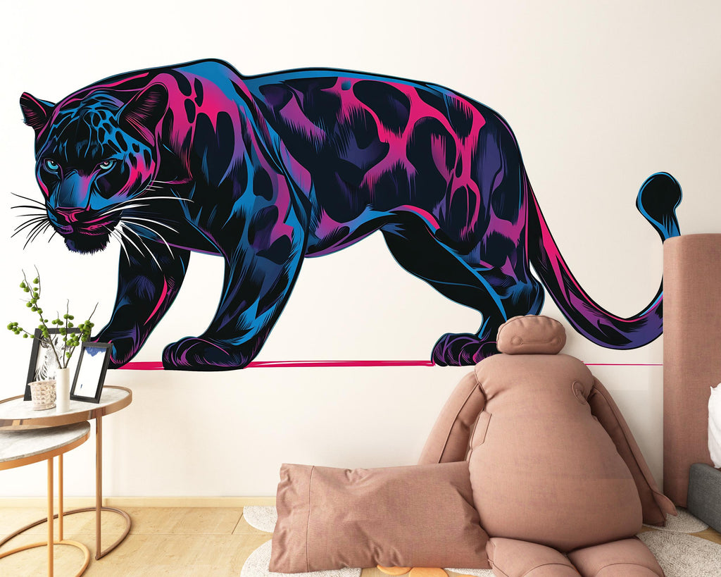 Black Panther Wall Decal Neon Animal Sticker Modern Wall Art Jungle Decor Large Vinyl Wall Sticker Bedroom Decor, 202gm