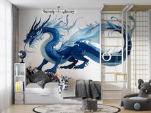 Load image into Gallery viewer, Blue Dragon Wall Decal Fantasy Wall Sticker Dragon Wall Art Kids Room Decor Large Vinyl Wall Sticker Nursery Decor, 205gm