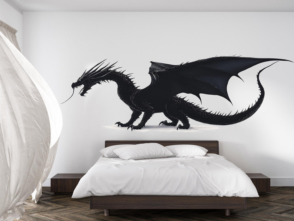 Black Dragon Wall Decal Fantasy Wall Art Dragon Wall Sticker Gothic Room Decor Large Vinyl Wall Sticker Bedroom, 206gm