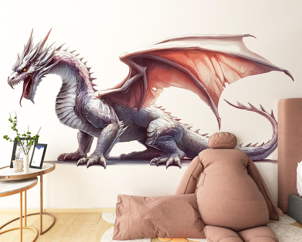 White Dragon Wall Decal Fantasy Wall Sticker Kids Room Decor Dragon Wall Art Nursery Wall Decor Large Vinyl Sticker, 208gm