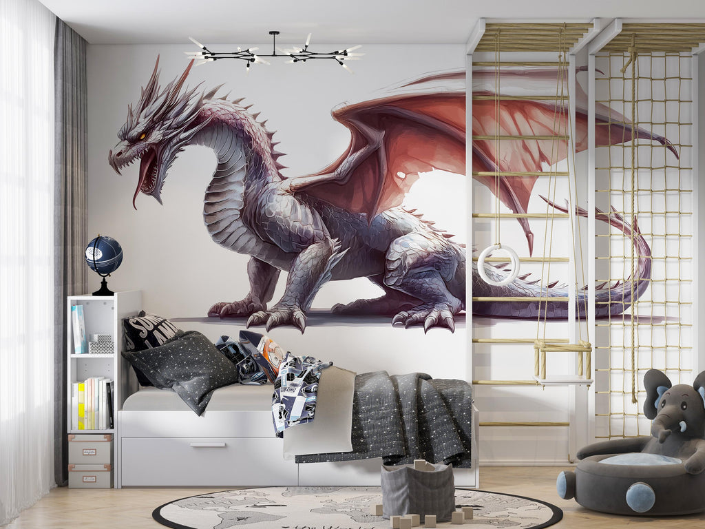 White Dragon Wall Decal Fantasy Wall Sticker Kids Room Decor Dragon Wall Art Nursery Wall Decor Large Vinyl Sticker, 208gm
