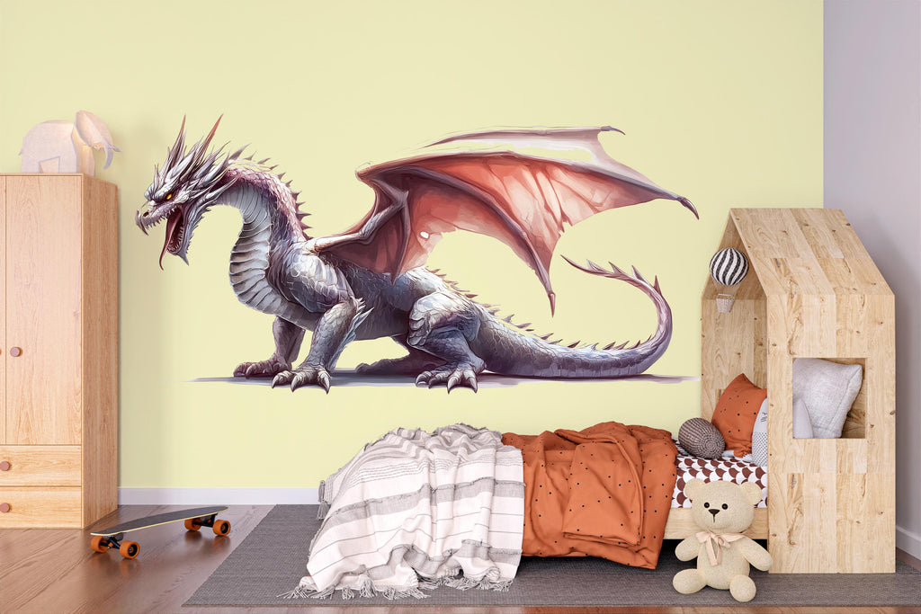 White Dragon Wall Decal Fantasy Wall Sticker Kids Room Decor Dragon Wall Art Nursery Wall Decor Large Vinyl Sticker, 208gm