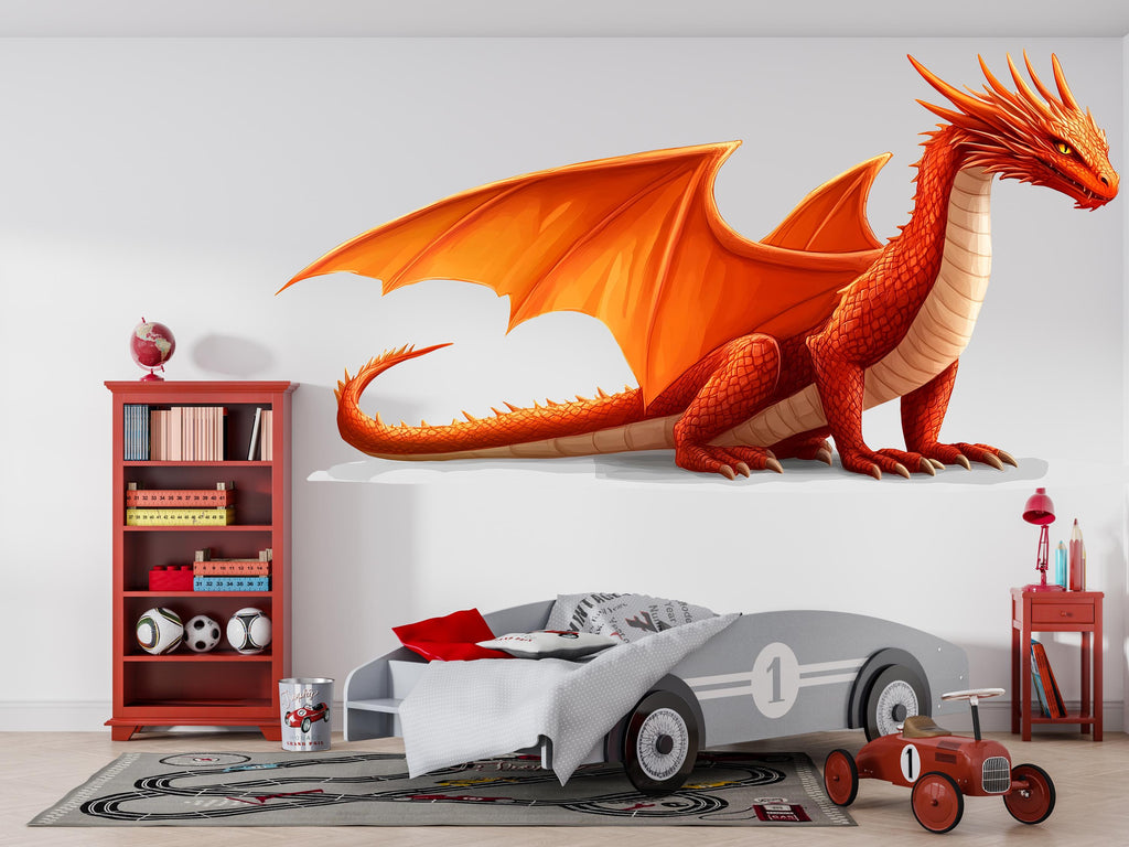 Orange Dragon Wall Decal Kids Room Decor Dragon Wall Art Fantasy Wall Sticker Large Vinyl Wall Sticker Nursery, 210gm