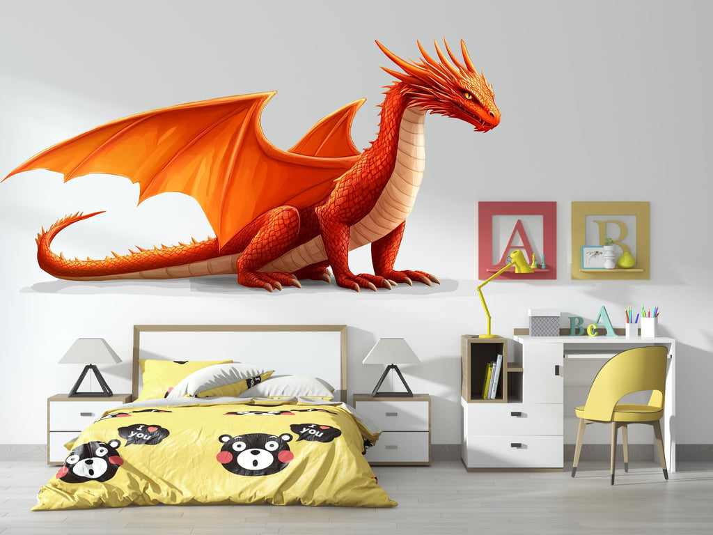 Orange Dragon Wall Decal Kids Room Decor Dragon Wall Art Fantasy Wall Sticker Large Vinyl Wall Sticker Nursery, 210gm