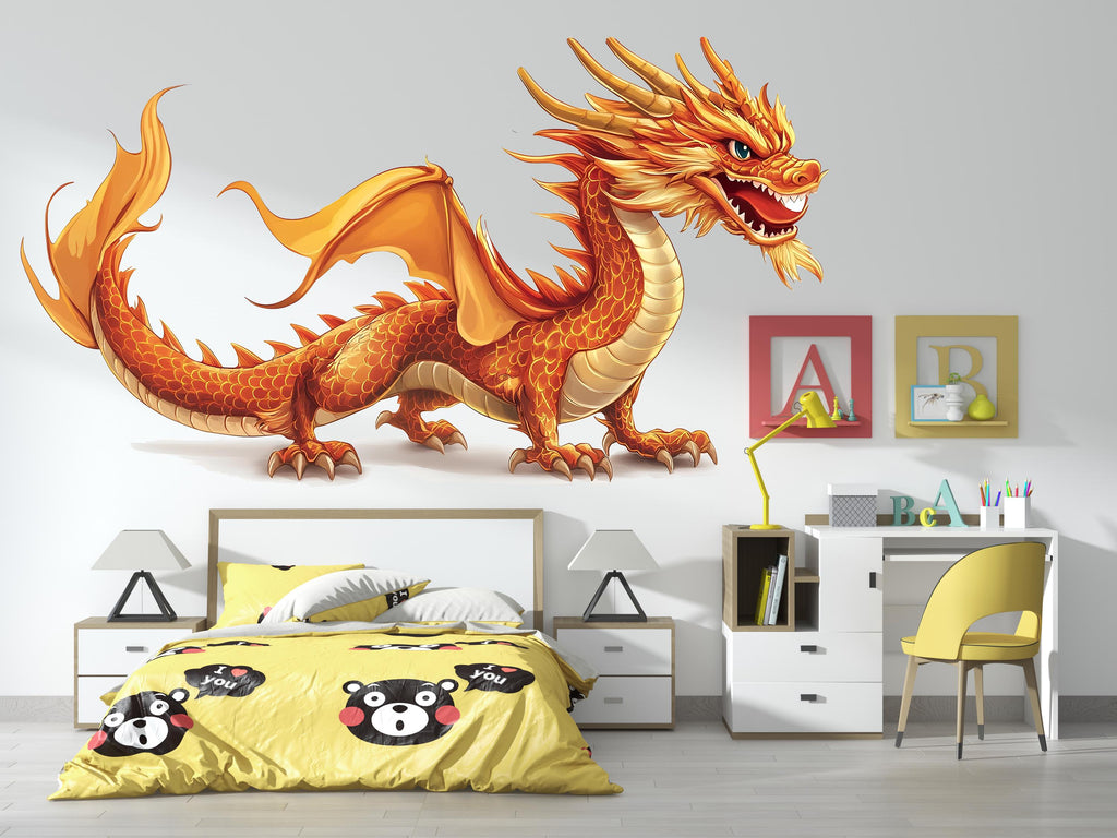 Golden Dragon Wall Decal Kids Room Decor Dragon Wall Art Fantasy Wall Sticker Nursery Decor Large Vinyl Wall Sticker, 211gm