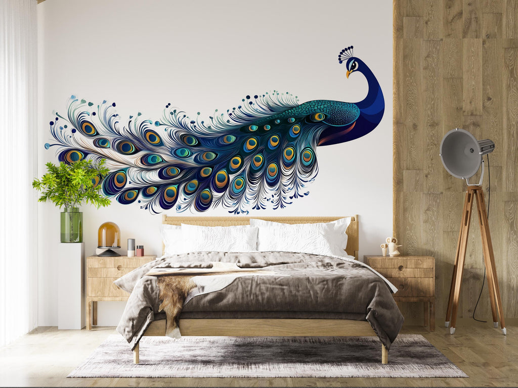Blue Peacock Wall Decal Modern Bird Wall Art Boho Wall Decor Large Wall Sticker Bedroom Decor Vinyl Wall Decal, 215gm