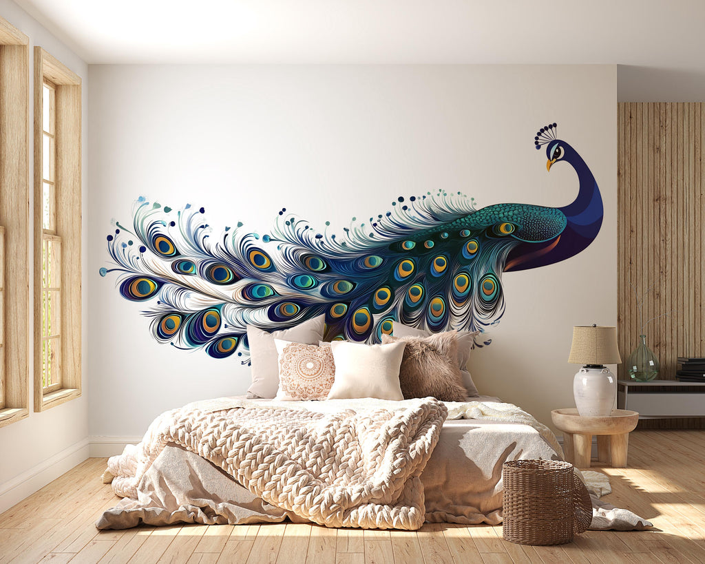 Blue Peacock Wall Decal Modern Bird Wall Art Boho Wall Decor Large Wall Sticker Bedroom Decor Vinyl Wall Decal, 215gm