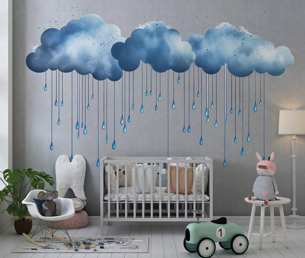 Watercolor Rain Cloud Wall Decal Nursery Wall Decor Blue Cloud Wall Sticker Kids Room Decor Baby Room Vinyl Sticker, 217gm