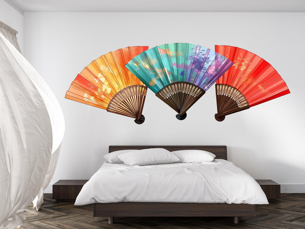 Asian Fan Wall Decal Japanese Wall Art Colorful Folding Fan Sticker Oriental Wall Decor Removable Vinyl, 223gm