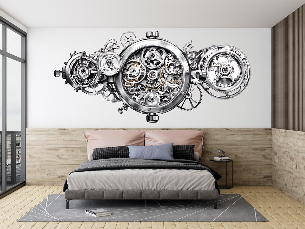 Mechanical Gear Wall Decal Industrial Wall Art Watch Mechanism Wall Sticker Modern Steampunk Decor Vinyl, 228gm