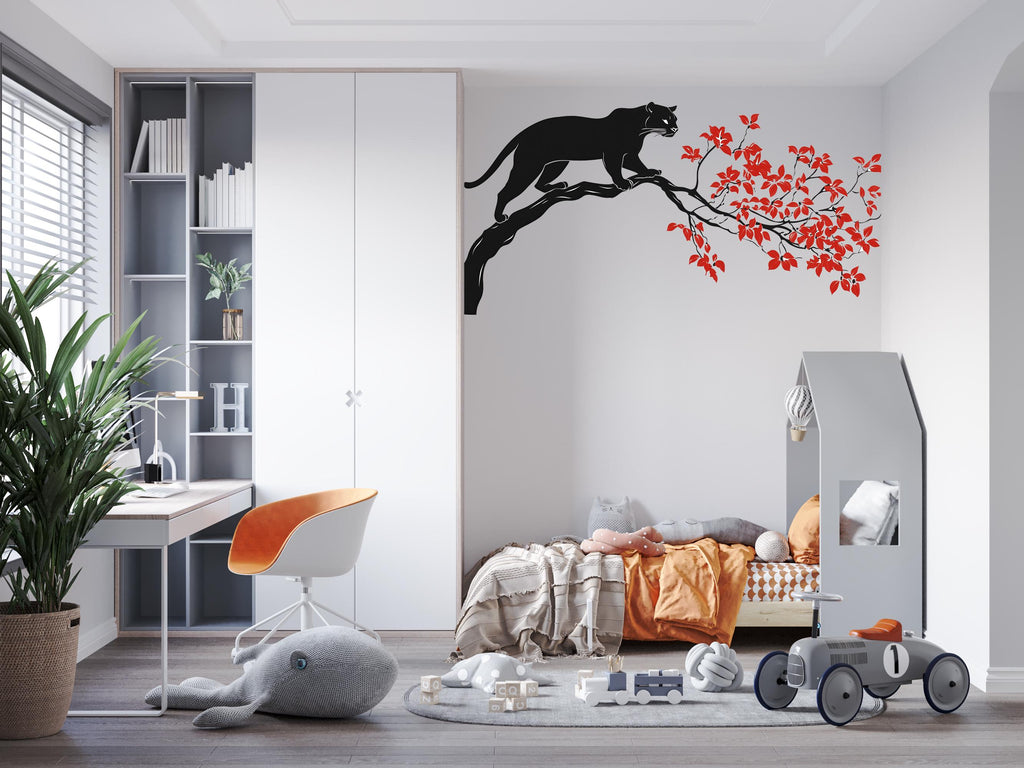 Black Panther Wall Decal Red Leaves Wall Sticker Asian Style Wall Art Minimalist Animal Wall Decor Bedroom, 232gm