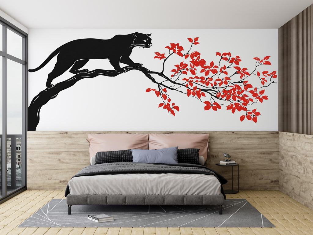 Black Panther Wall Decal Red Leaves Wall Sticker Asian Style Wall Art Minimalist Animal Wall Decor Bedroom, 232gm