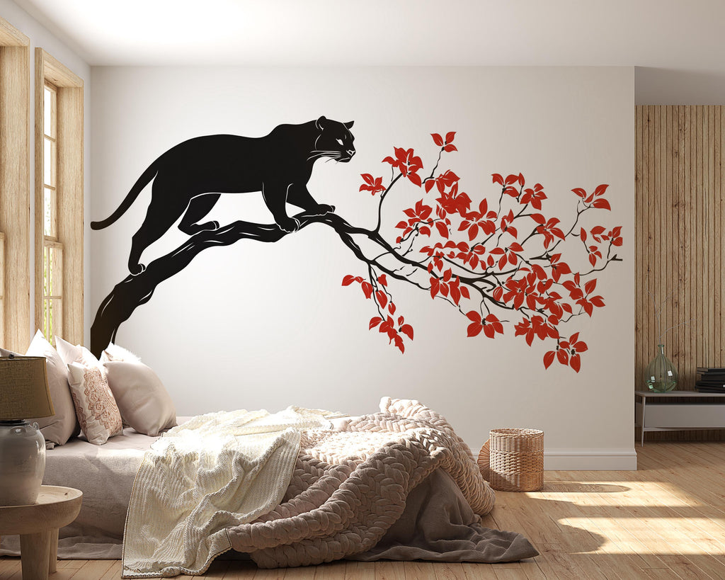 Black Panther Wall Decal Red Leaves Wall Sticker Asian Style Wall Art Minimalist Animal Wall Decor Bedroom, 232gm