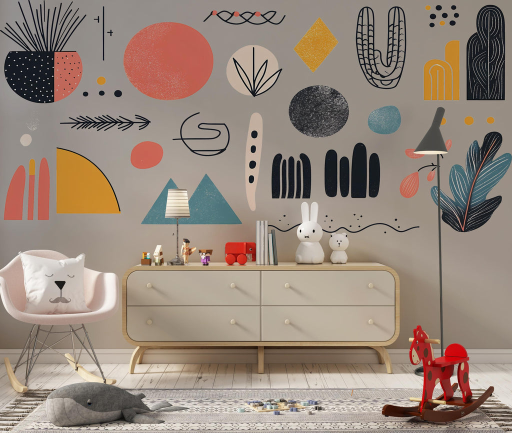 Abstract Wall Decals, Boho Geometric Stickers, Scandinavian Nursery Wall Art, Modern Kids Room Decor, Mid Century Shapes Vinyl, 237gm