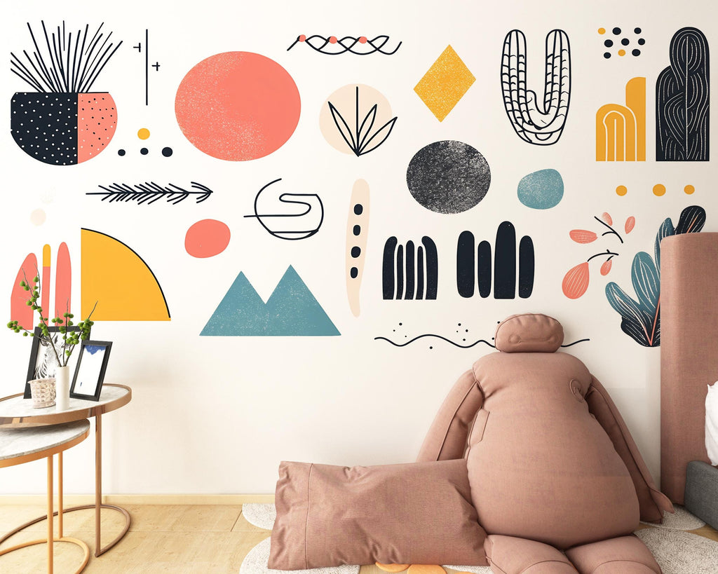 Abstract Wall Decals, Boho Geometric Stickers, Scandinavian Nursery Wall Art, Modern Kids Room Decor, Mid Century Shapes Vinyl, 237gm