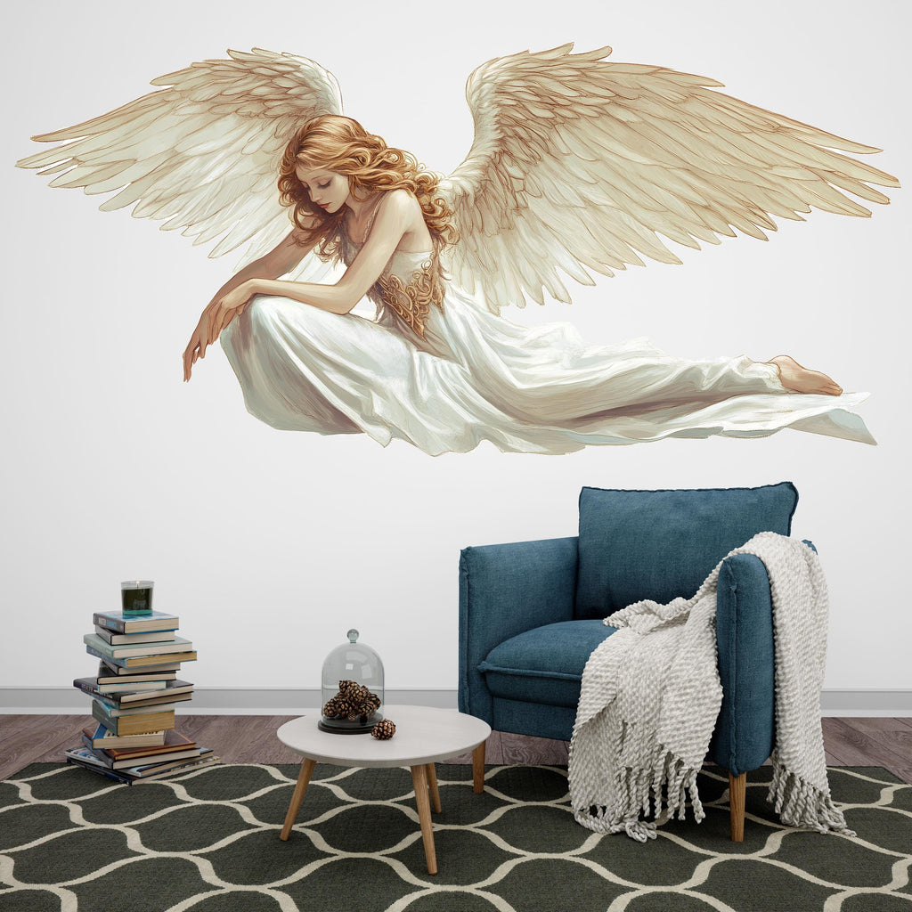 Angel Wall Decal, Guardian Angel Wall Sticker, Ethereal Woman Wings Art, Spiritual Wall Decor, Large Wall Decals, Removable Vinyl, 238gm