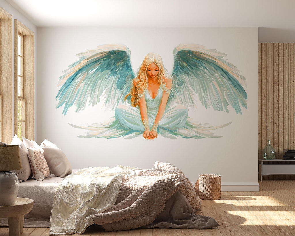 Angel Wall Decal, Large Angel Wings Wall Sticker, Spiritual Bedroom Decor, Guardian Angel Art, Wall Decals, Removable Vinyl, 239gm