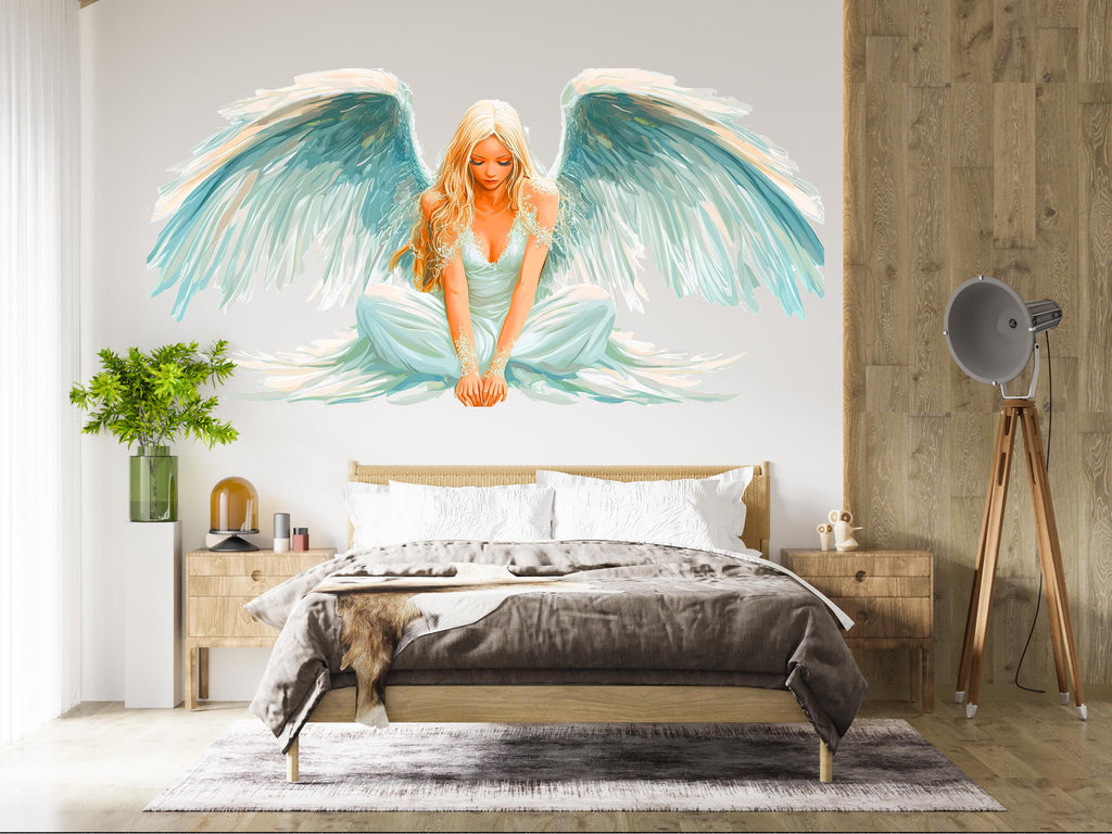 Angel Wall Decal, Large Angel Wings Wall Sticker, Spiritual Bedroom Decor, Guardian Angel Art, Wall Decals, Removable Vinyl, 239gm