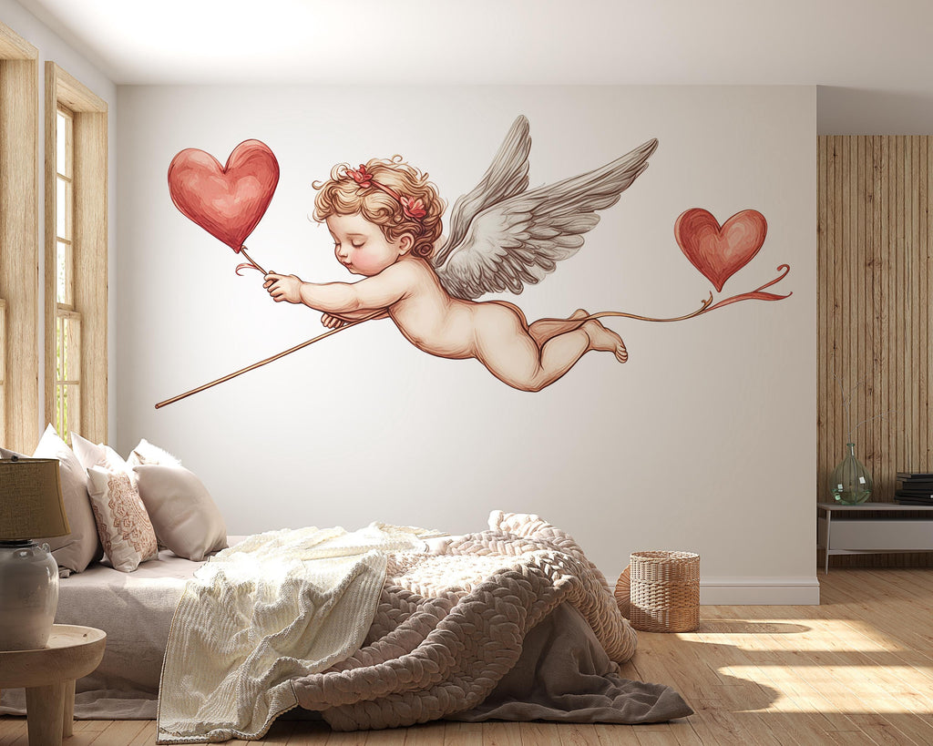 Cupid Wall Decal, Cherub Wall Sticker with Hearts, Romantic Bedroom Decor, Angel Baby Wall Art, Valentine Decals, Removable Vinyl, 241gm