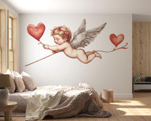 Load image into Gallery viewer, Cupid Wall Decal, Cherub Wall Sticker with Hearts, Romantic Bedroom Decor, Angel Baby Wall Art, Valentine Decals, Removable Vinyl, 241gm
