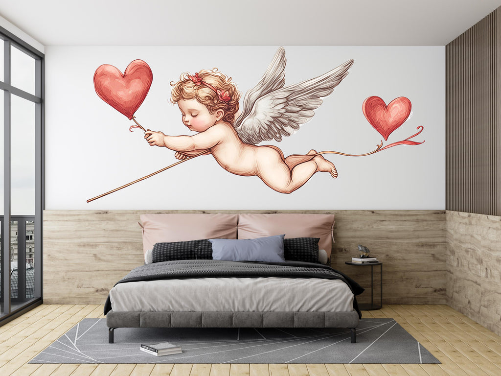 Cupid Wall Decal, Cherub Wall Sticker with Hearts, Romantic Bedroom Decor, Angel Baby Wall Art, Valentine Decals, Removable Vinyl, 241gm