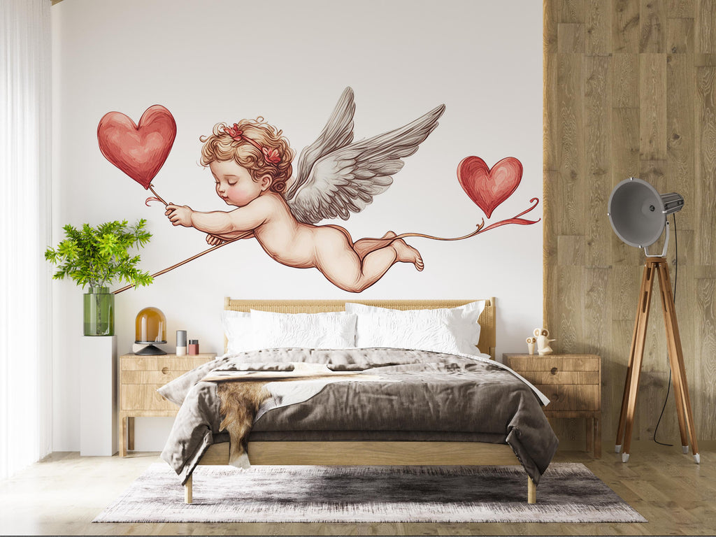 Cupid Wall Decal, Cherub Wall Sticker with Hearts, Romantic Bedroom Decor, Angel Baby Wall Art, Valentine Decals, Removable Vinyl, 241gm