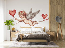 Load image into Gallery viewer, Cupid Wall Decal, Cherub Wall Sticker with Hearts, Romantic Bedroom Decor, Angel Baby Wall Art, Valentine Decals, Removable Vinyl, 241gm
