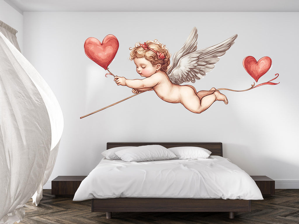 Cupid Wall Decal, Cherub Wall Sticker with Hearts, Romantic Bedroom Decor, Angel Baby Wall Art, Valentine Decals, Removable Vinyl, 241gm