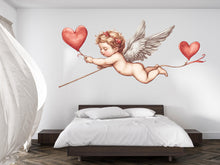 Load image into Gallery viewer, Cupid Wall Decal, Cherub Wall Sticker with Hearts, Romantic Bedroom Decor, Angel Baby Wall Art, Valentine Decals, Removable Vinyl, 241gm