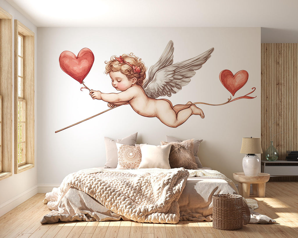 Cupid Wall Decal, Cherub Wall Sticker with Hearts, Romantic Bedroom Decor, Angel Baby Wall Art, Valentine Decals, Removable Vinyl, 241gm