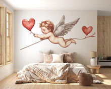 Load image into Gallery viewer, Cupid Wall Decal, Cherub Wall Sticker with Hearts, Romantic Bedroom Decor, Angel Baby Wall Art, Valentine Decals, Removable Vinyl, 241gm