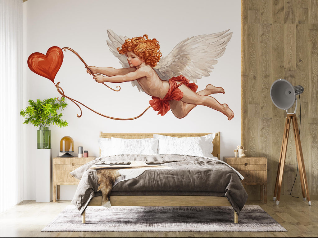 Cupid Wall Decal, Angel Baby Wall Sticker, Valentine Wall Decor, Romantic Bedroom Wall Art, Cherub Heart Decal, Removable Vinyl, 240gm