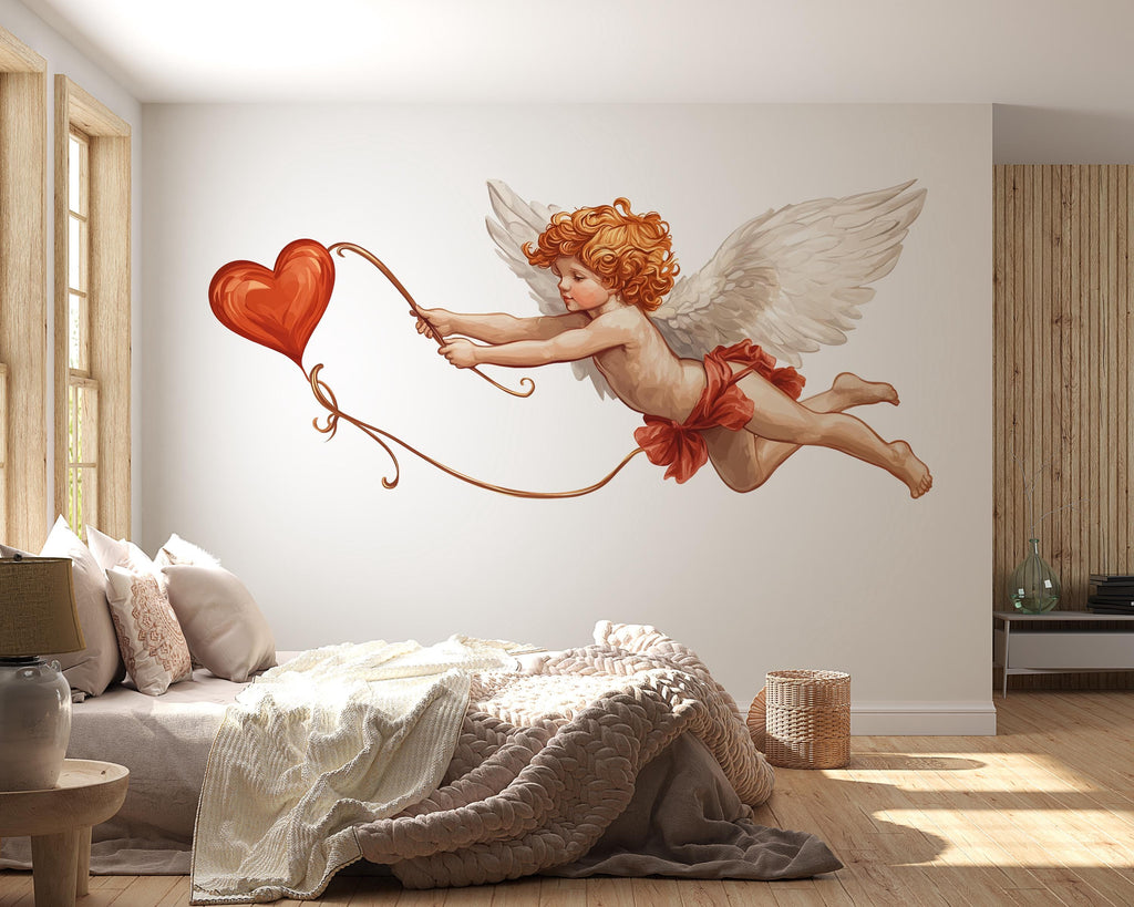 Cupid Wall Decal, Angel Baby Wall Sticker, Valentine Wall Decor, Romantic Bedroom Wall Art, Cherub Heart Decal, Removable Vinyl, 240gm