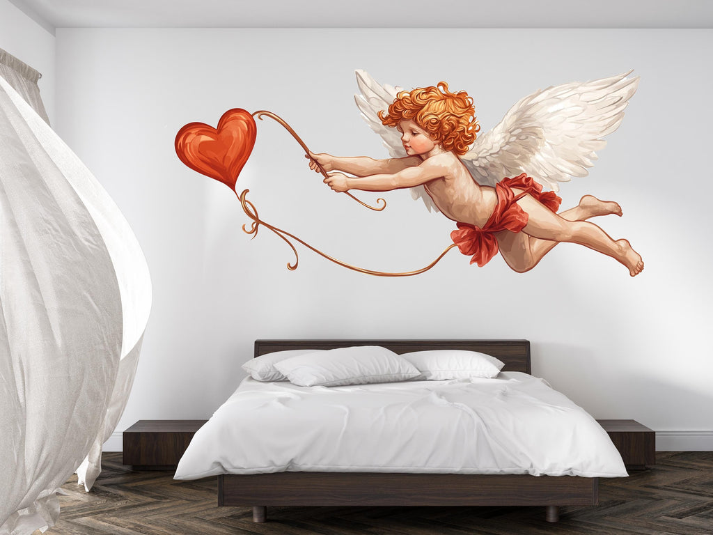 Cupid Wall Decal, Angel Baby Wall Sticker, Valentine Wall Decor, Romantic Bedroom Wall Art, Cherub Heart Decal, Removable Vinyl, 240gm