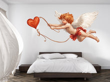 Load image into Gallery viewer, Cupid Wall Decal, Angel Baby Wall Sticker, Valentine Wall Decor, Romantic Bedroom Wall Art, Cherub Heart Decal, Removable Vinyl, 240gm